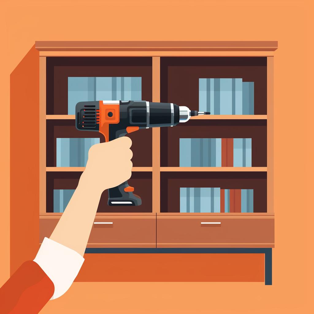 Hands using a cordless drill to assemble a wooden bookshelf.