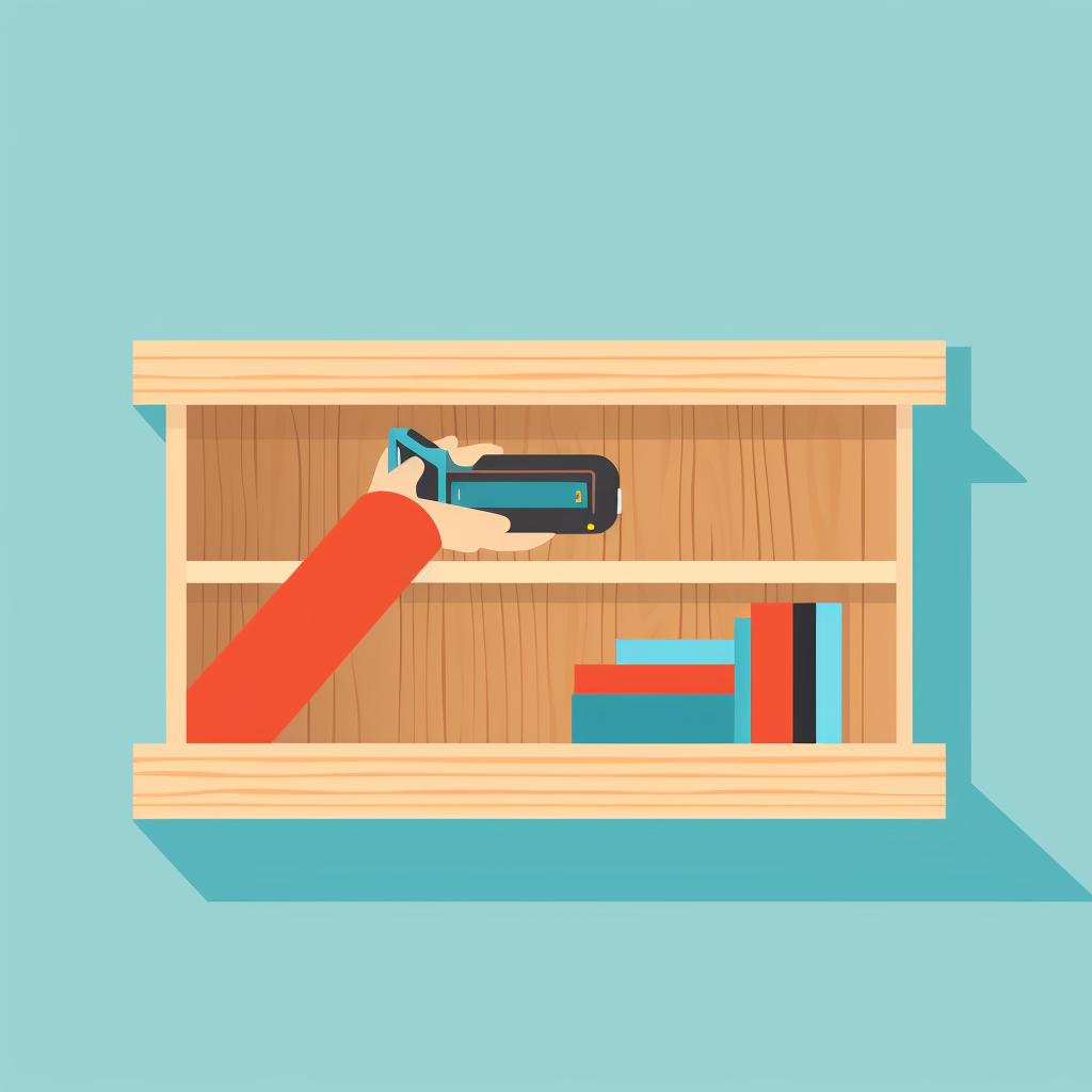 Hands using a sander on a wooden bookshelf.